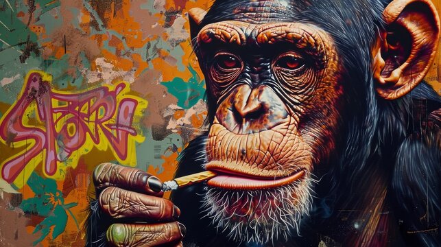 grunge background with graffiti and painted chimpanzee with cannabis cigarette.oil, color art.. 