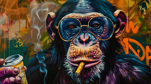 grunge background with graffiti and painted chimpanzee with cannabis cigarette.oil, color art.. 