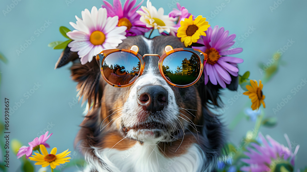 Wall mural Abstract animal portrait of a dog with sunglasses covered with fresh, spring flowers. A dog dressed as a hipster for a music festival.