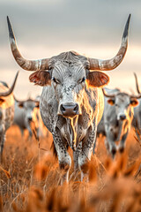 A Texas Longhorn standing in a field.