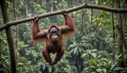 Obraz premium In the lush rainforests the orangutan swings effortlessly through the dense forest