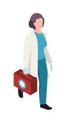 Isometric medical worker. Female emergency doctor or nurse carries first aid case and goes to patient. Healthcare, diagnosis and treatment of diseases. 3D vector illustration isolated on background
