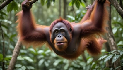 Obraz premium In the lush rainforests the orangutan swings effortlessly through the dense forest