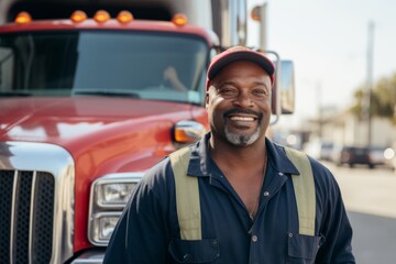 Portrait of a smiling middle aged male truck driver standing in front
