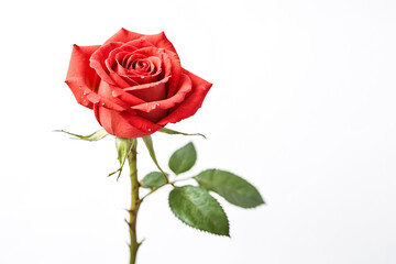 Single Red Rose with Water Drops on White Background