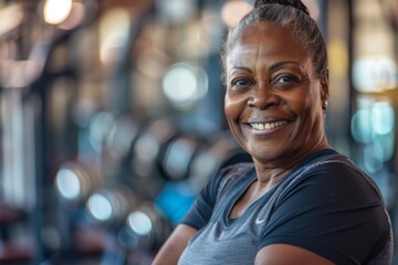 Fototapeta premium Portrait of a middle aged slightly overweight African American woman in gym