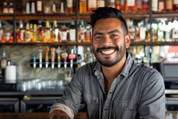 Fototapeta premium Smiling portrait of a young male bartender in bar