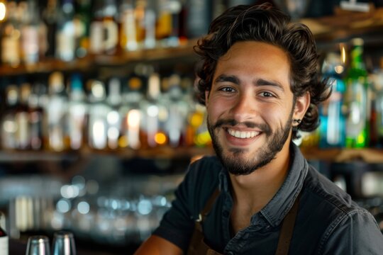 Smiling portrait of a young male bartender in bar