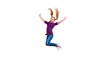 Full size side photo of small pupil jump high hooray holidays wear casual checkered shirt jeans denim isolated yellow background