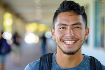 Smiling portrait of a young male Hispanic student on college campus