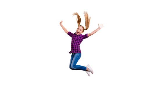 Full size side photo of small pupil jump high hooray holidays wear casual checkered shirt jeans denim isolated yellow background