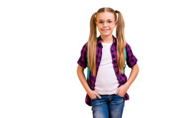 Closeup photo of little lady arms pockets glad return class wear specs checkered shirt jeans denim isolated yellow background