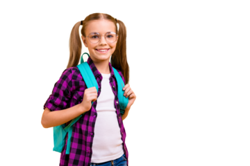 Closeup photo of little lady return classroom wear specs new bag checkered shirt jeans denim isolated yellow background