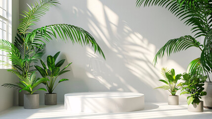 Fototapeta premium Minimal summer display with a white pedestal, tropical leaves, and pastel pink background