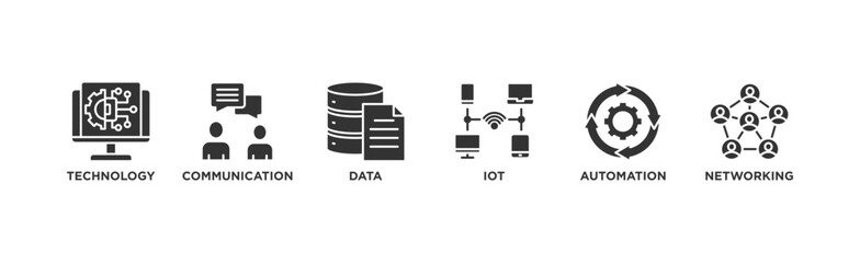Digital transformation banner web icon vector illustration concept with icon of technology, communication, data, iot, ict, automation, internet, and networking	
