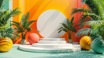 Minimal summer display with a white pedestal, tropical leaves, and pastel pink background