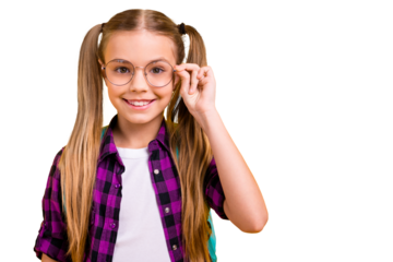Closeup photo of little lady return school eager get knowledge wear specs new bag checkered shirt isolated yellow background