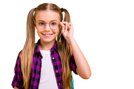 Closeup photo of little lady return school eager get knowledge wear specs new bag checkered shirt isolated yellow background