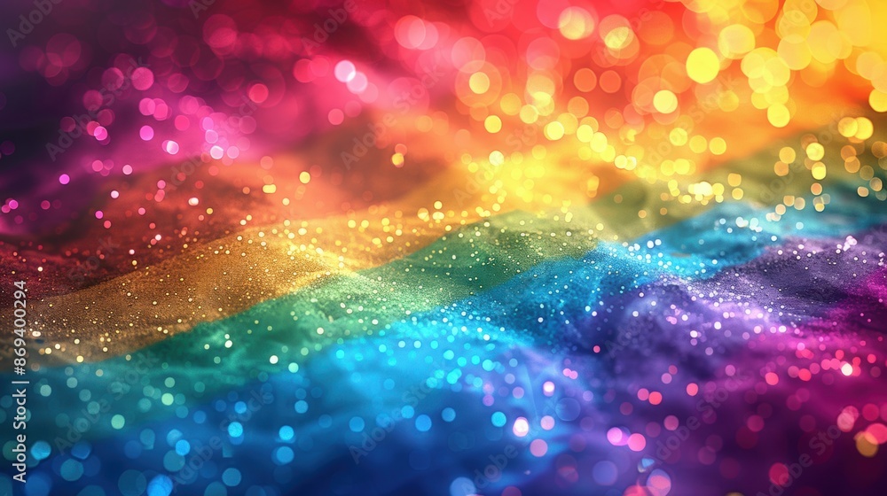 Poster vibrant, glittering rainbow background with bokeh effect, creating a festive and joyful atmosphere.
