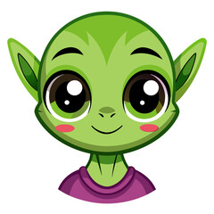 A cartoon green alien with a purple shirt on grass