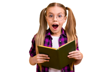Photo of small lady reading adventure story unexpected final ending wear specs checkered shirt isolated yellow background