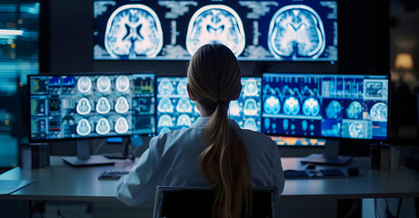Female Neuroscientist Using Desktop Computer With Human Brain CT Scans In Modern Medical Research Center Laboratory. Professional Doctor Looking At Patient's Brain In 3D Software, Finding Tumors