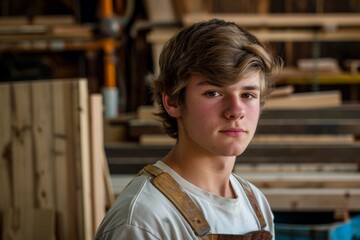 Fototapeta premium Portrait of a young male carpenter in workshop