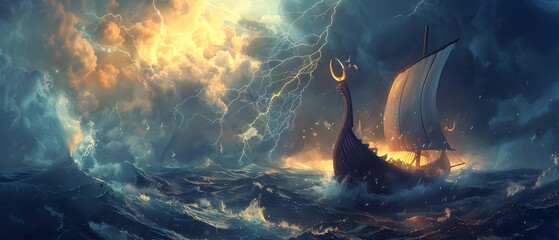 Viking ship sailing through stormy seas digital art