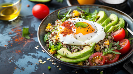 Fresh quinoa salad with avocado, cherry tomatoes, arugula, and a poached egg topped with sesame seeds