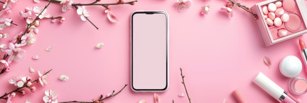 Pink Desktop. Smartphone and Open Magazine Mock Up on Pastel Pink Background with Cosmetics and Blossom Branches