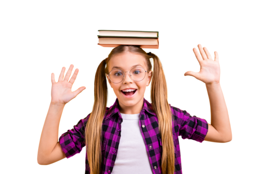Closeup photo of little lady pupil hold book on head laughing raise arms air wear specs checkered shirt isolated yellow background