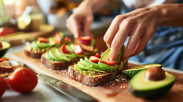 Create a close-up of a teenager preparing a healthy snack, like avocado toast, in a bright kitchen, focusing on the preparation process and lots of copy space.