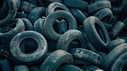 Landfill with old tires and tyres for recycling, Reuse of waste rubber tires. Worn out used wheels