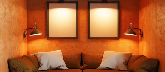 A cozy reading nook with a burnt orange wall displaying two empty frames in a vertical arrangement, each under its own spotlight.