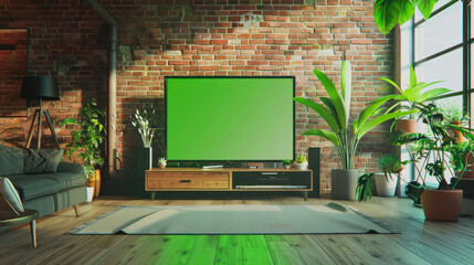 Green-themed living room with a large flat-screen TV