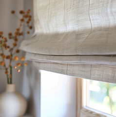 closeup photo of linen roman blind which is pulled up. bright and airy image. 