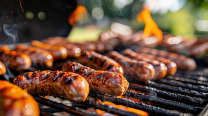 Close-up of grilled sausages sizzling on a barbecue, capturing the smoky flavor and delicious aroma of outdoor cooking.