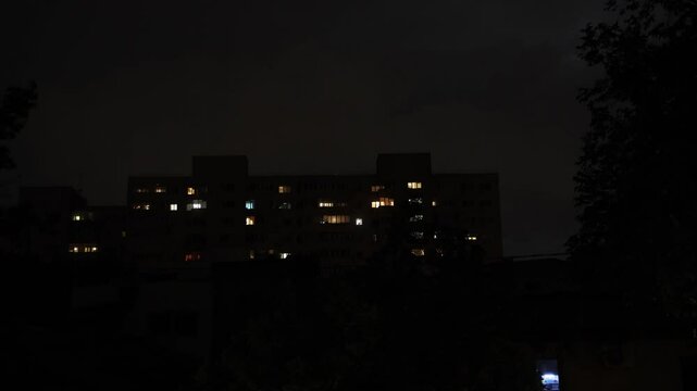 Night 4k clip with violent lightning storm in the city