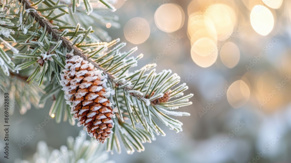 Poster close-up of a frosted pine cone on an evergreen branch, with a bokeh background in a winter setting.