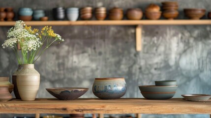 Handcrafted pottery on a wooden shelf with flowers