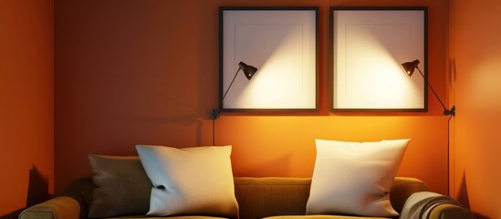 A cozy reading nook with a burnt orange wall displaying two empty frames in a vertical arrangement, each under its own spotlight.