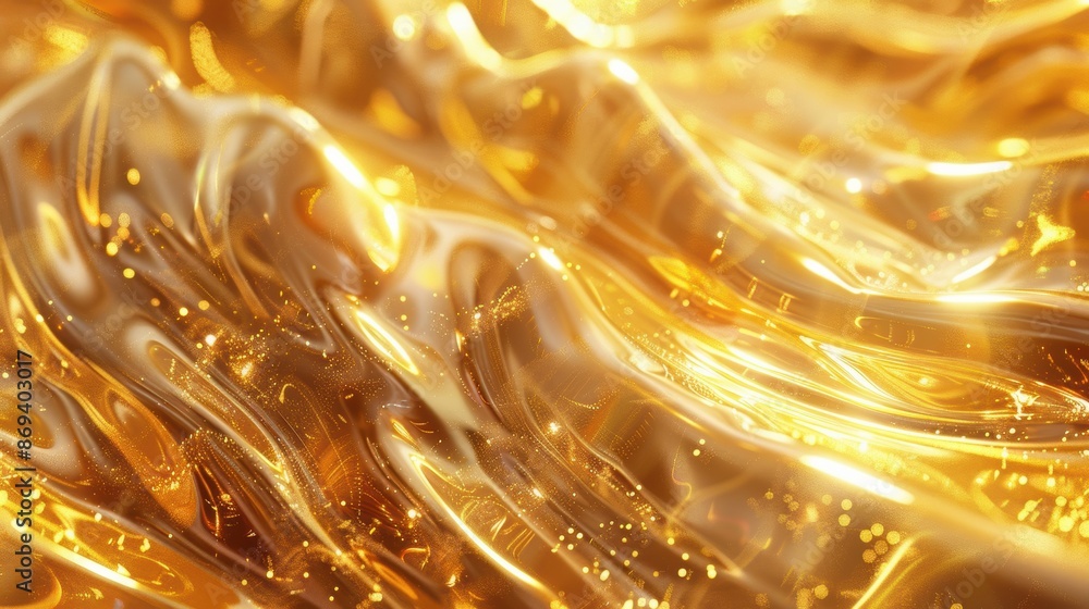 Poster an abstract image featuring flowing golden fluid with sparkling lights, creating a luxurious and lum