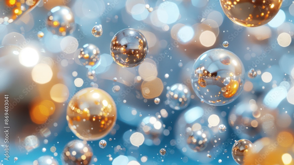 Poster A collection of golden and silver bubbles floating with light bokeh in the background, creating a festive and magical atmosphere.