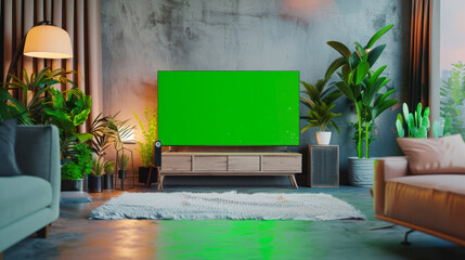 Elegant, cozy room with TV and green screen on.