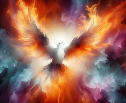Winged dove in flames, a representation of the New Testament Holy Spirit. Abstract Watercolour Painting Bliblical illustration 