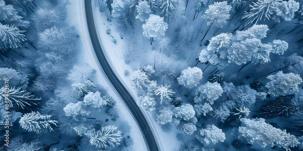 Poster top view of a snowy forest with a road