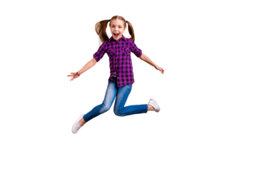 Full size photo of small pupil jump high  hooray celebrate holidays wear casual checkered shirt jeans denim isolated yellow background