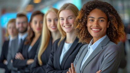 Fototapeta premium Diverse group of confident business professionals standing in a row, smiling and showcasing teamwork and unity in a modern office setting.