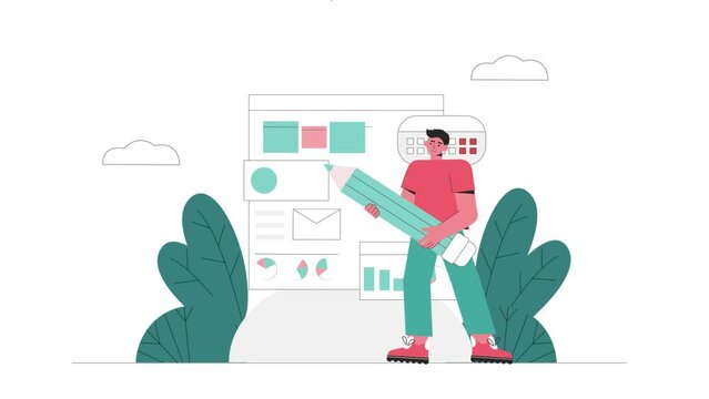 UI UX design 2d flat animation Data A boy working Project anylize 4K