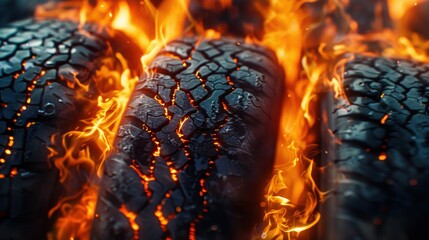 Close-up of burning tires engulfed in intense flames and thick smoke, creating a dramatic and fiery scene.